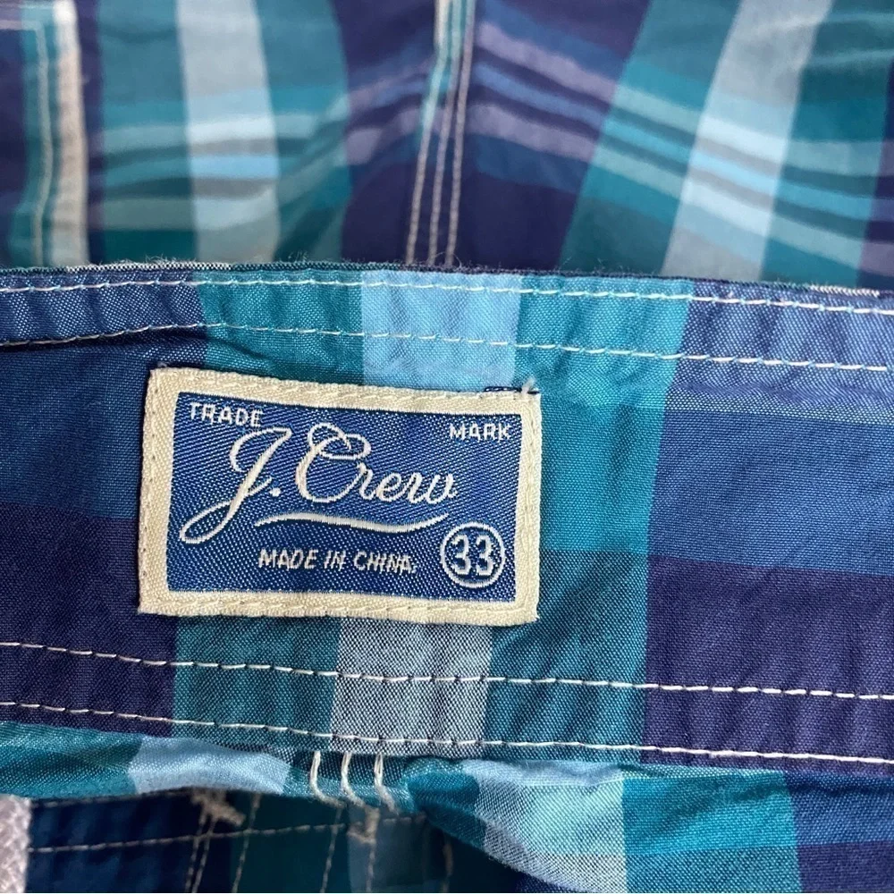 J. CREW Board Shorts Size 33 Mens Swimwear Blue Plaid Swim Trunks